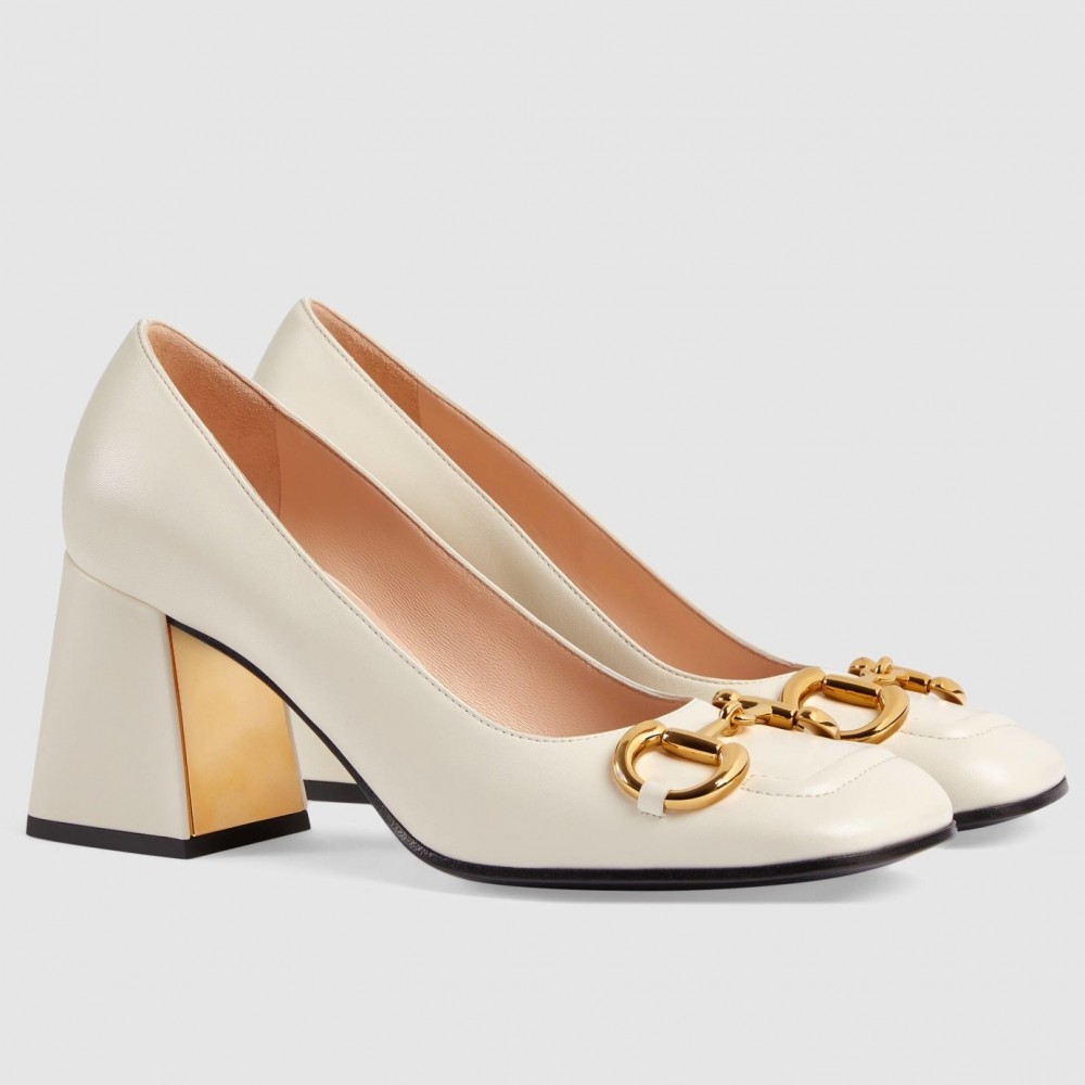 Gucci Mid-heel Pumps 75mm in White Leather with Horsebit TDSS26148