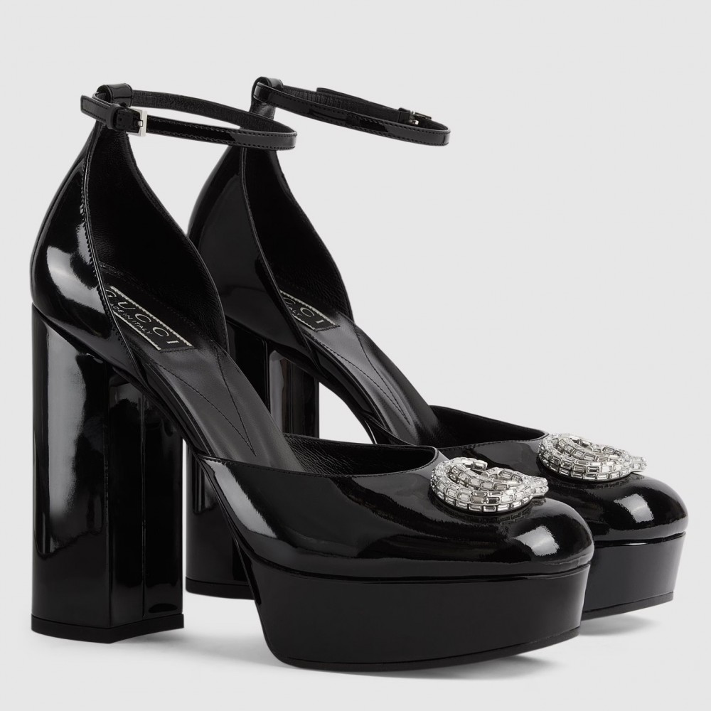 Gucci Platform Pumps in Black Patent Lether with Crystals G TDSS26149