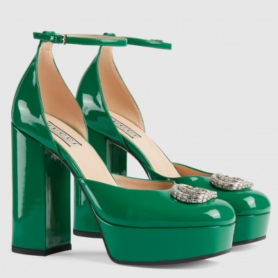 Gucci Platform Pumps in Green Patent Lether with Crystals G TDSS26150