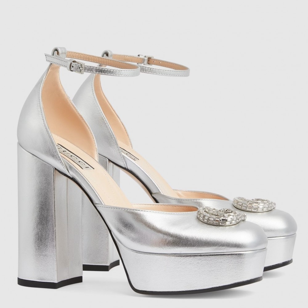 Gucci Platform Pumps in Silver Metallic Lether with Crystals G TDSS26151