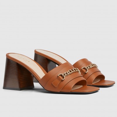 Gucci Signoria Slide Sandals 75MM in Brown Leather TDSS26263