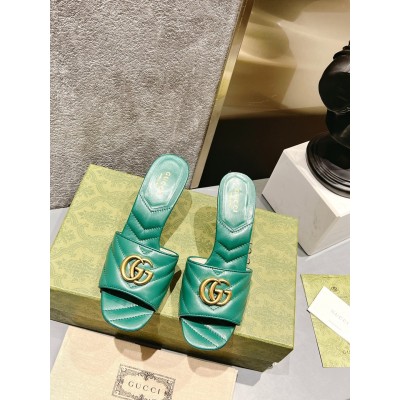 Gucci Slide Sandals 75mm in Green Matelasse Leather TDSS26266