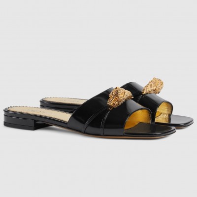 Gucci Slide Sandals in Black Leather with Snake Hardware TDSS26271