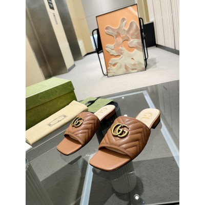 Gucci Slide Sandals in Brown Matelasse Leather with Double G TDSS26275