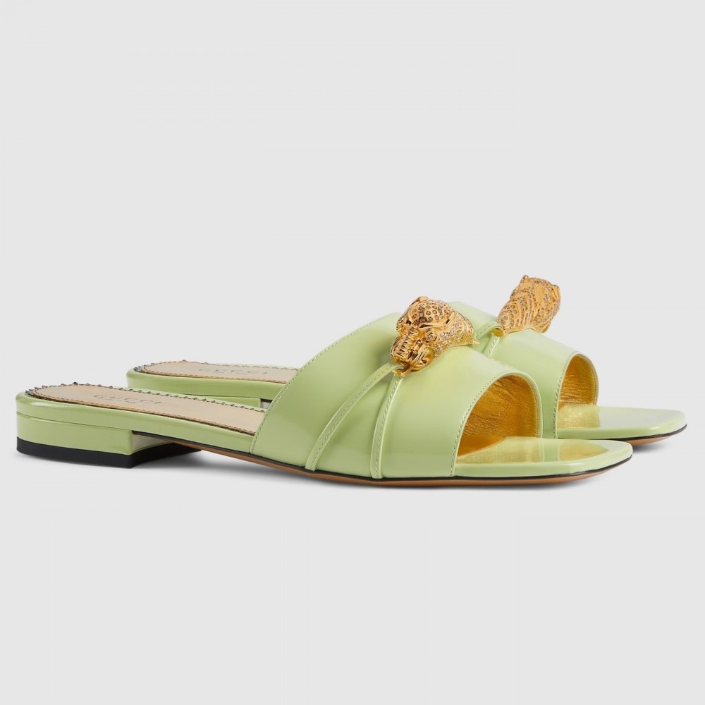 Gucci Slide Sandals in Light Green Leather with Snake Hardware TDSS26278