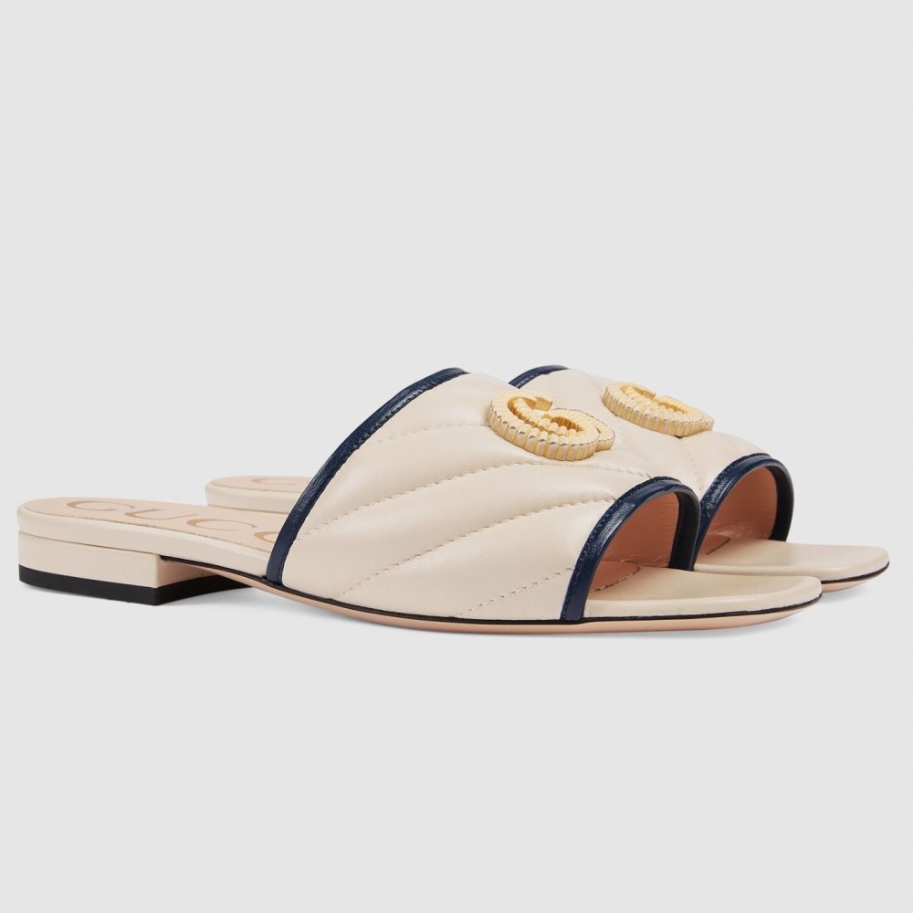 Gucci Slide Sandals in White Diagonal Leather With Double G TDSS26280