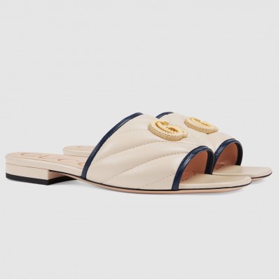 Gucci Slide Sandals in White Diagonal Leather With Double G TDSS26280