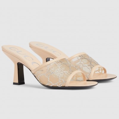 Gucci Slide Sandas 75mm in Beige Mesh with Crystal TDSS26282