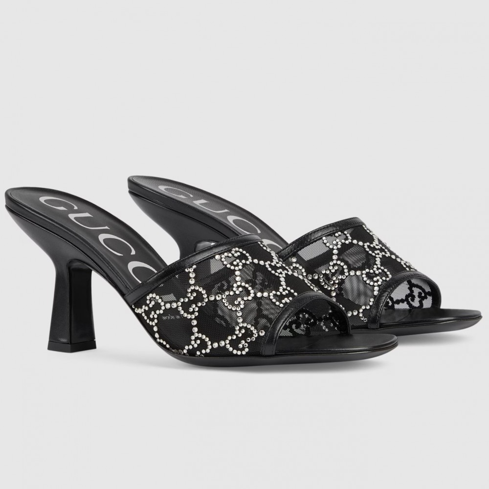 Gucci Slide Sandas 75mm in Black Mesh with Crystal TDSS26283