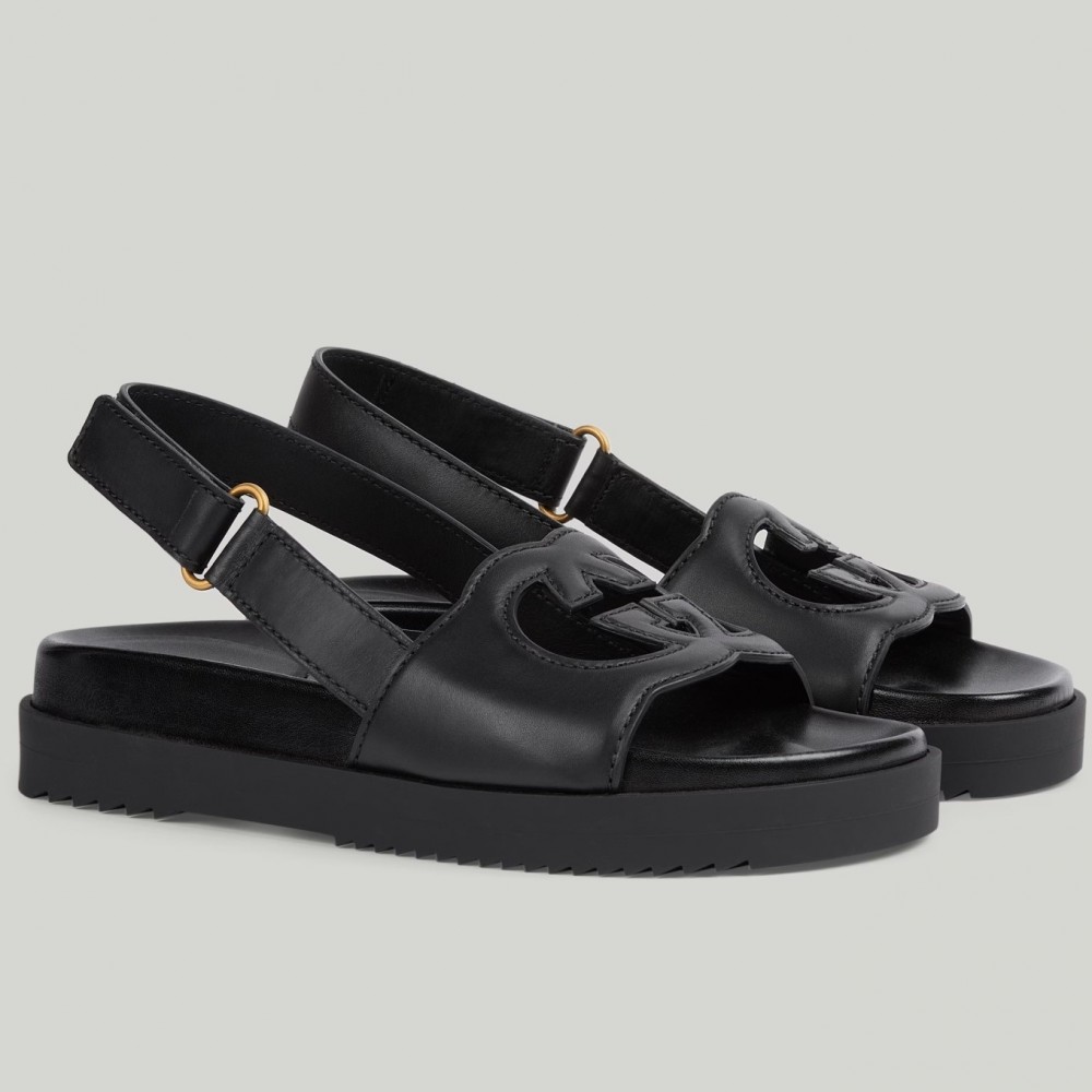 Gucci Slingback Interlocking G Sandals in Black Leather TDSS26217