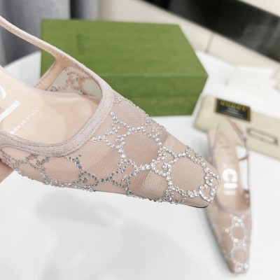 Gucci Slingback Pumps 35MM In Beige Mesh with GG Crystals TDSS26156