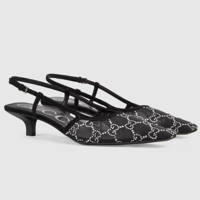 Gucci Slingback Pumps 35MM In Black Mesh with GG Crystals TDSS26157