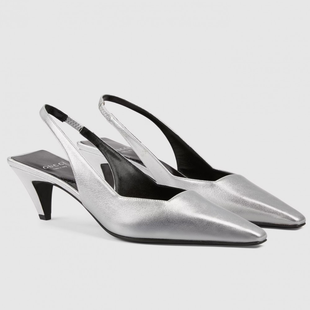 Gucci Slingback Pumps 55mm in Silver Metallic Leather TDSS26160