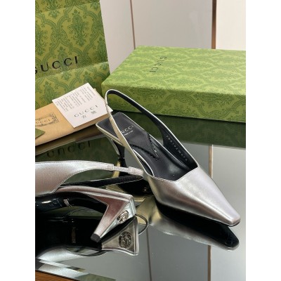 Gucci Slingback Pumps 55mm in Silver Metallic Leather TDSS26160