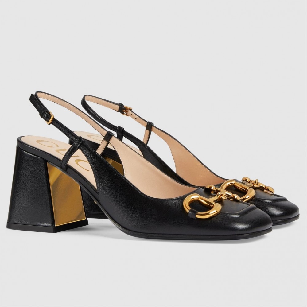 Gucci Slingback Pumps 75mm in Black Leather with Horsebit TDSS26161