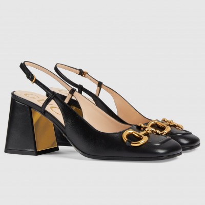 Gucci Slingback Pumps 75mm in Black Leather with Horsebit TDSS26161