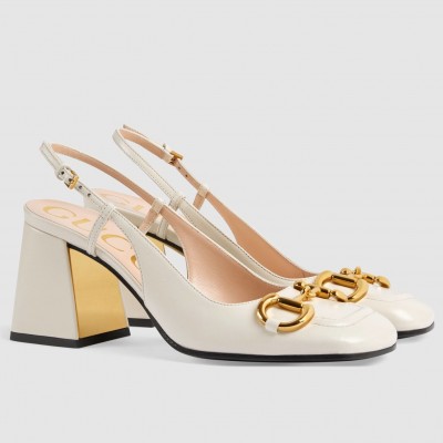 Gucci Slingback Pumps 75mm in White Leather with Horsebit TDSS26164