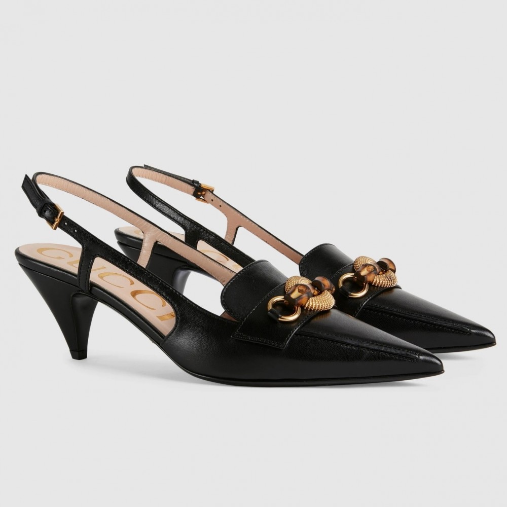 Gucci Slingback Pumps in Black Leather with Bamboo Horsebit TDSS26165