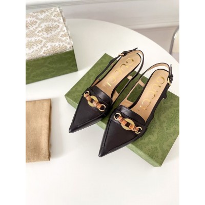 Gucci Slingback Pumps in Black Leather with Bamboo Horsebit TDSS26165