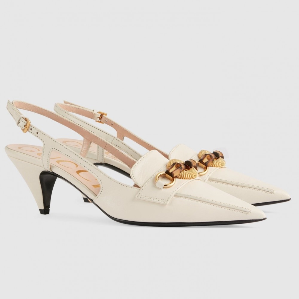 Gucci Slingback Pumps in White Leather with Bamboo Horsebit TDSS26167