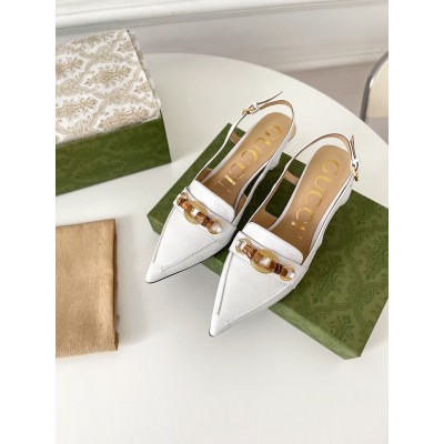 Gucci Slingback Pumps in White Leather with Bamboo Horsebit TDSS26167