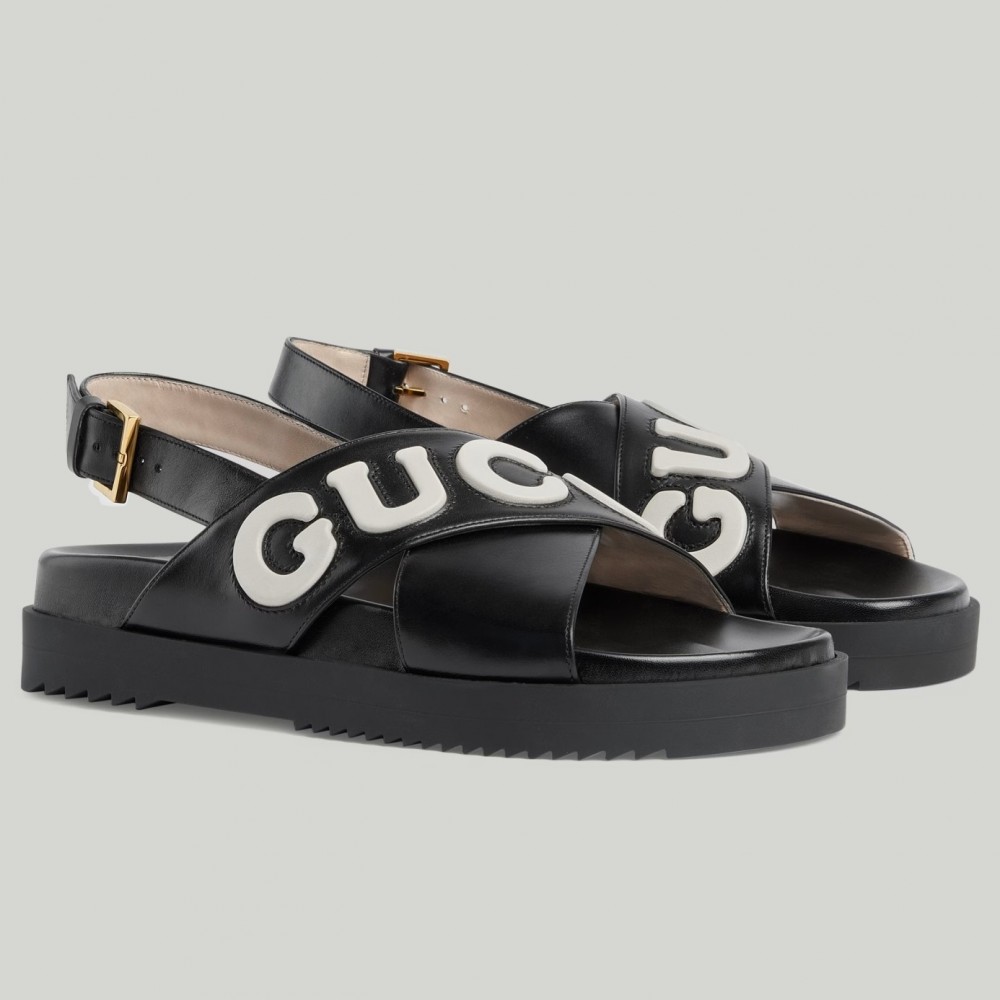 Gucci Slingback Sandals in Black Leather with White Logo TDSS26221