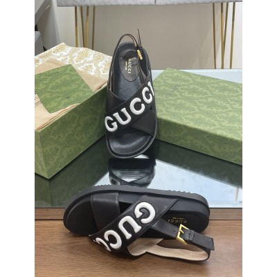 Gucci Slingback Sandals in Black Leather with White Logo TDSS26221