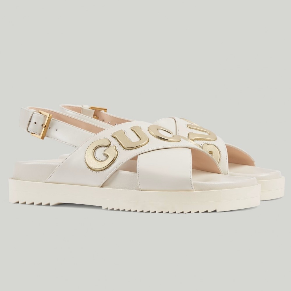 Gucci Slingback Sandals in White Leather with Gold Logo TDSS26222