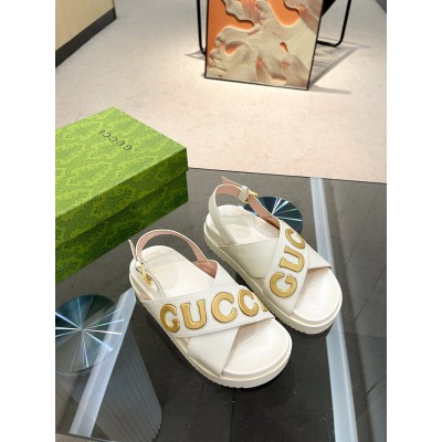 Gucci Slingback Sandals in White Leather with Gold Logo TDSS26222