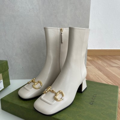 Gucci White Leather 55MM Ankle Boots with Horsebit TDSS26024