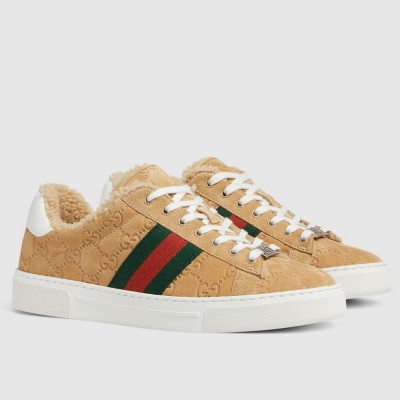 Gucci Women's Ace Sneakers in Beige GG Suede with Shearling TDSS26364