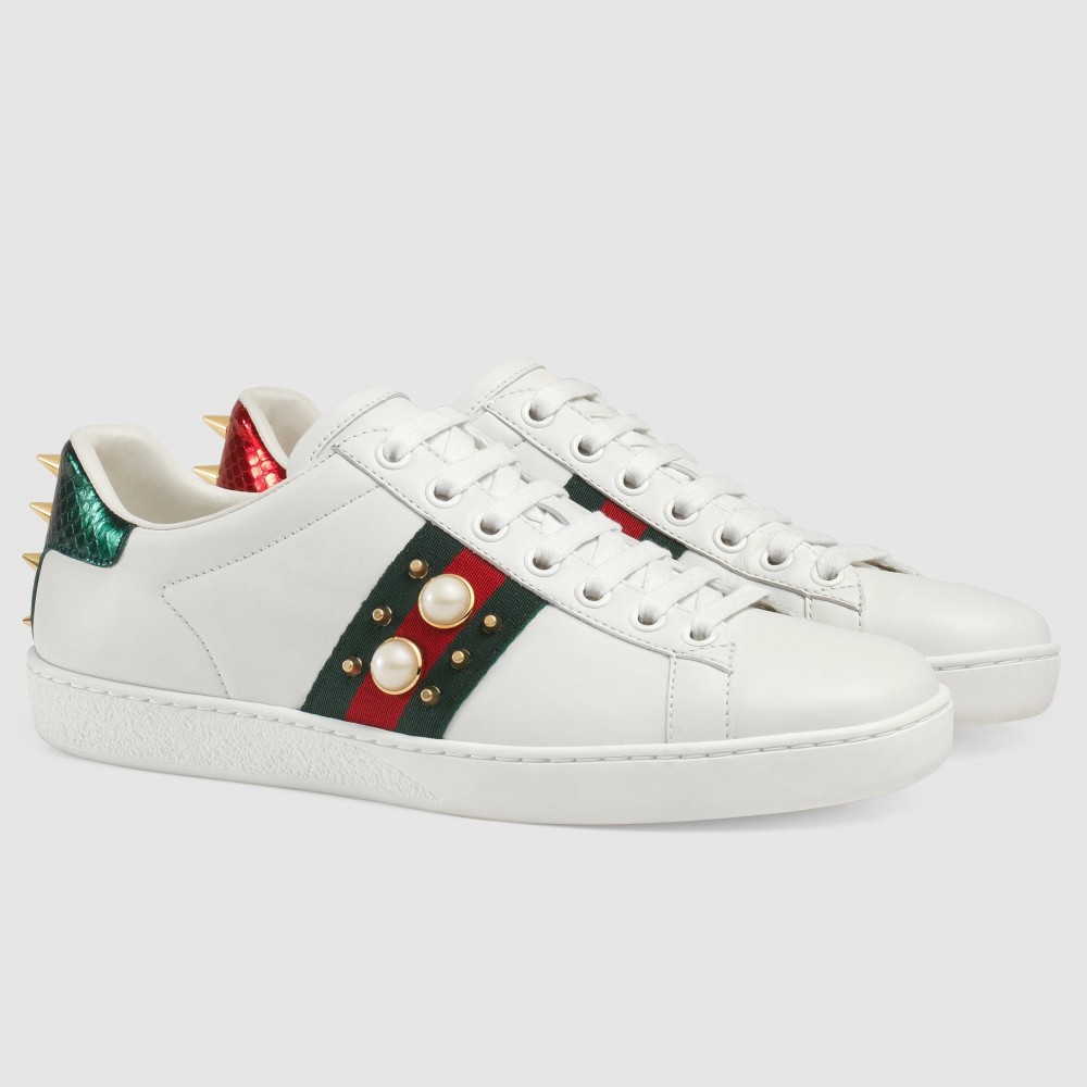 Gucci Women's Ace White Sneakers with Studded & Pearl TDSS26373