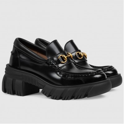 Gucci Women's Chunky Lug Sole Horsebit Loafers in Black Leather TDSS26084