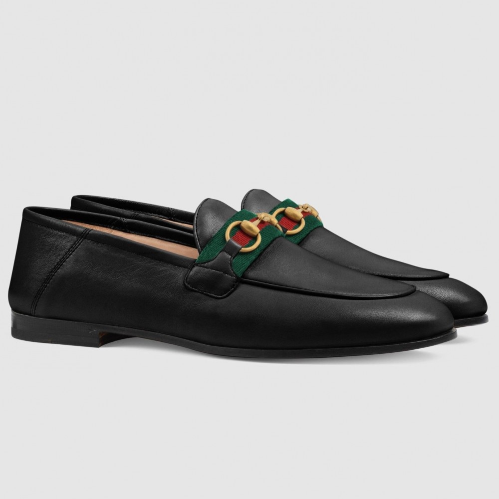 Gucci Women's Foldable Slim Horsebit Loafers in Black Leather with Web TDSS26087