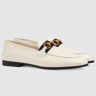 Gucci Women's Foldable Slim Horsebit Loafers in White Leather with Web TDSS26090