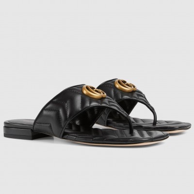 Gucci Women's GG Marmont Thong Sandals in Black Leather TDSS26231