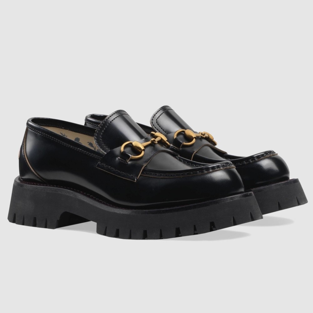 Gucci Women's Horsebit Loafers in Black Leather with Lug Sole TDSS26095