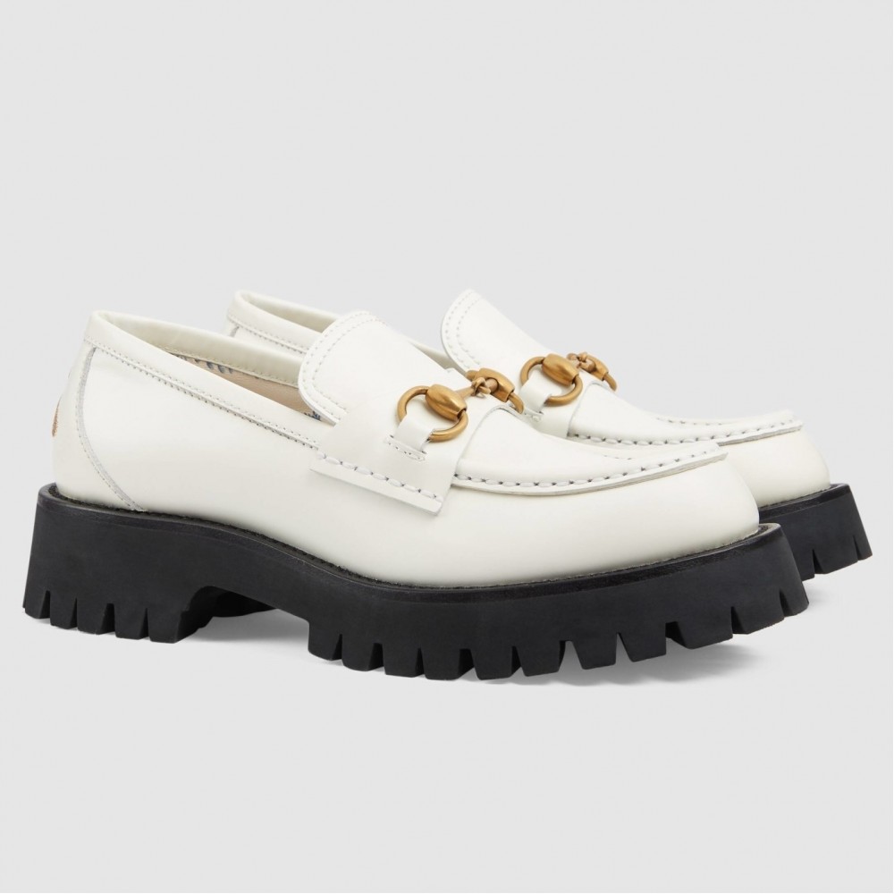 Gucci Women's Horsebit Loafers in White Leather with Lug Sole TDSS26099