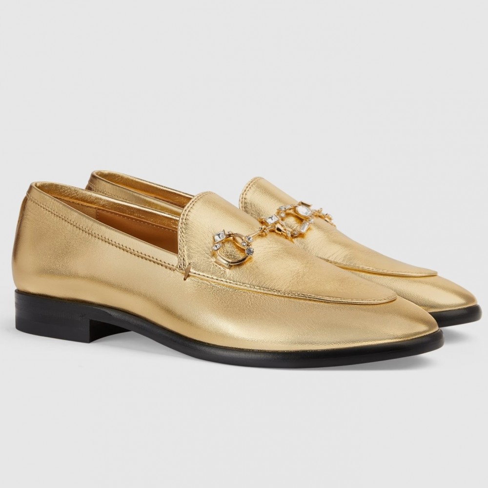 Gucci Women's Jordaan Loafers in Gold Metallic Leather with Crystals TDSS26109