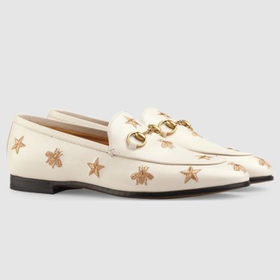 Gucci Women's Jordaan Loafers in White Leather with Bees and Stars TDSS26112