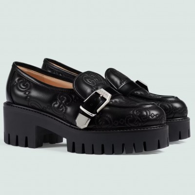 Gucci Women's Lug Sole Loafers in Black Matelasse Leather Leather TDSS26123