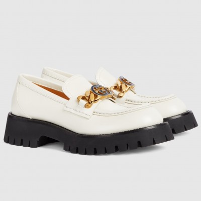 Gucci Women's Lug Sole Loafers in White Leather with Enameled G TDSS26124