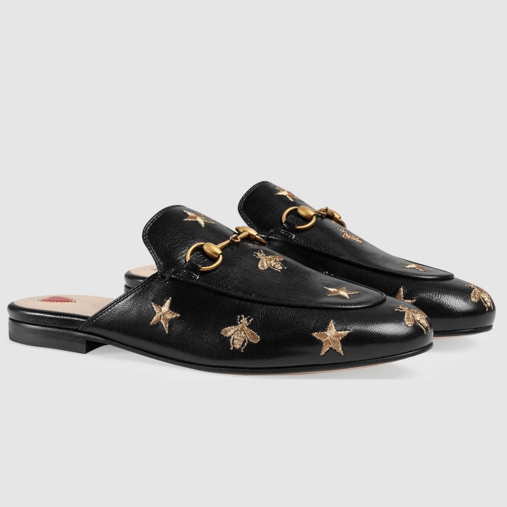 Gucci Women's Princetown Slippers in Black Leather with Bees and Stars TDSS26291