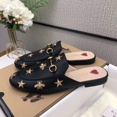 Gucci Women's Princetown Slippers in Black Leather with Bees and Stars TDSS26291