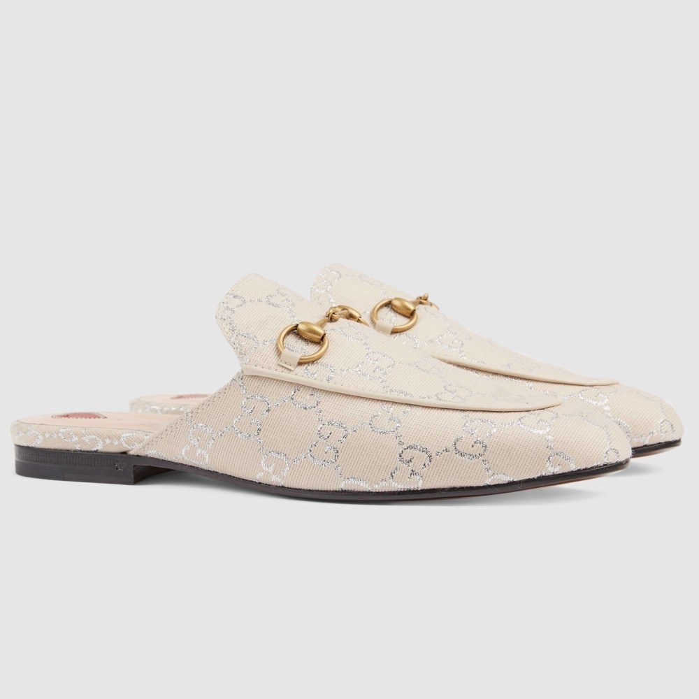 Gucci Women's Princetown Slippers in White GG Lame Fabric TDSS26292