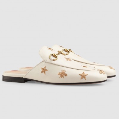 Gucci Women's Princetown Slippers in White Leather with Bees and Stars TDSS26296