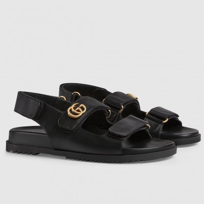 Gucci Women's Velcro Sandals in Black Leather with Double G TDSS26235