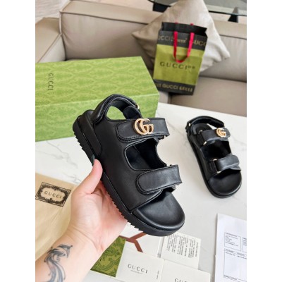 Gucci Women's Velcro Sandals in Black Leather with Double G TDSS26235