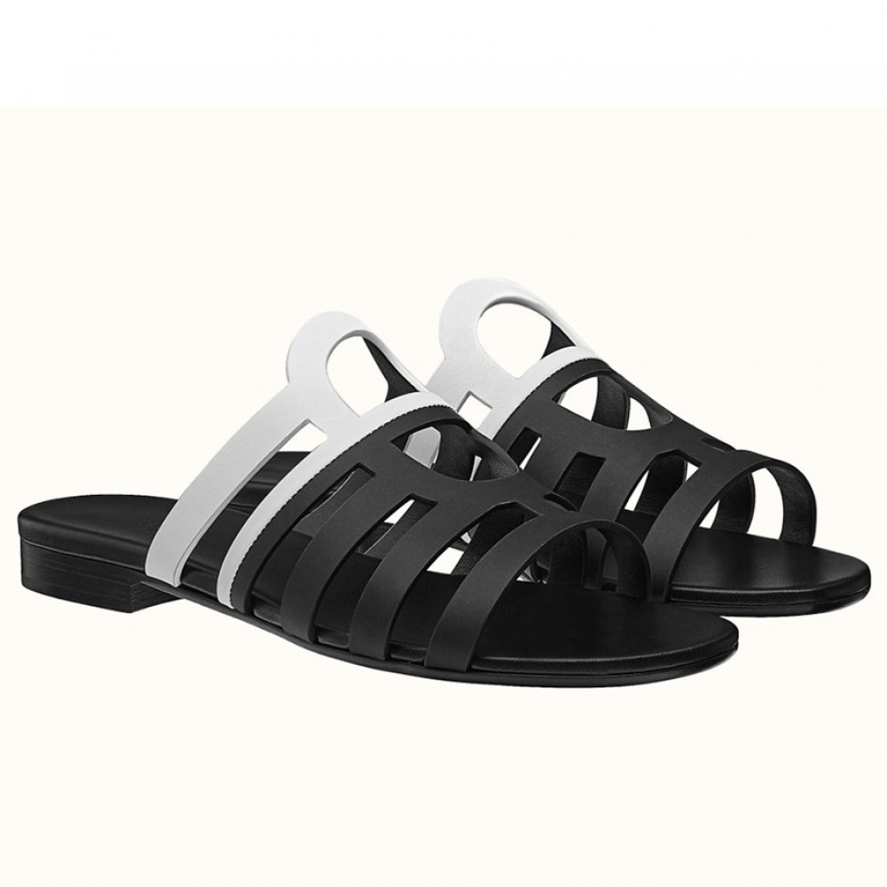 Hermes Camelia Slide Sandals In Black/White Calfskin TDSS13077