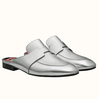 Hermes Catena Mules In Silver Metallic Calfskin TDSS13088